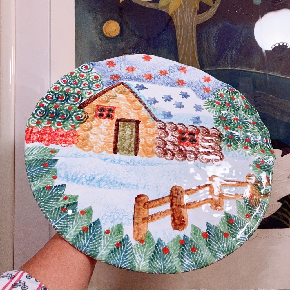 VTG Italian Hand-Painted Winter Cottage Pedestal Cake Platter Gingerbread House